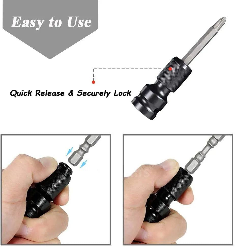 Steel scaling bit holder adapter for converting a 1/2-inch wrench drive to 1/4-inch hex bits.