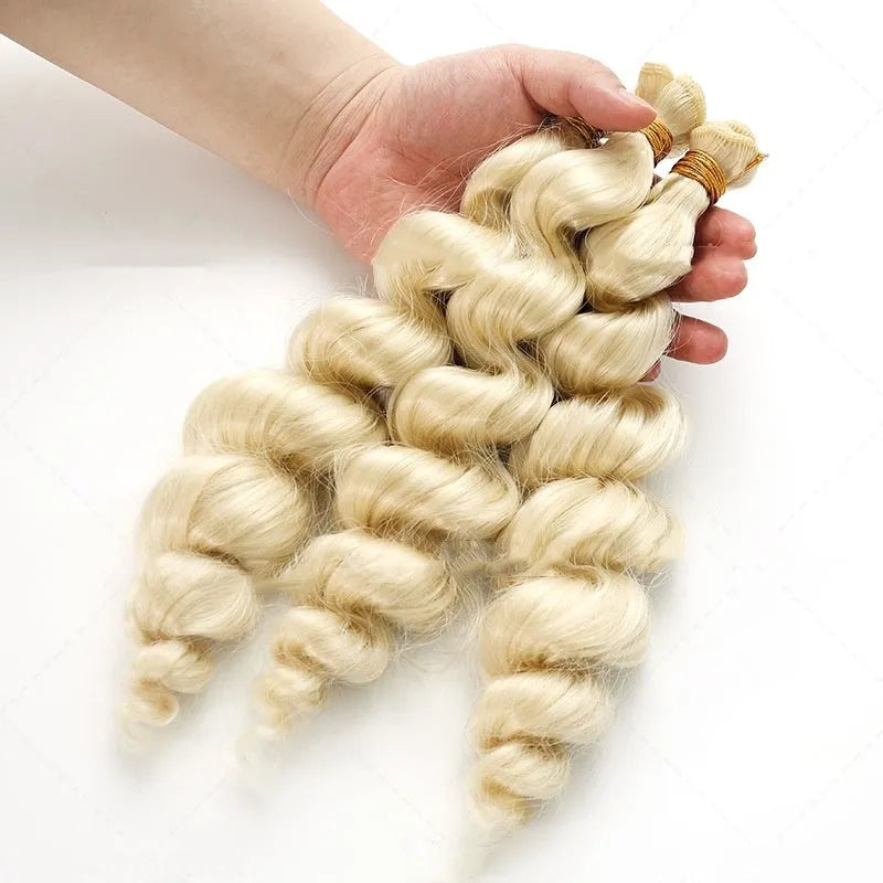 Women's golden synthetic wig showing length options with heat-resistant chemical fibre material
