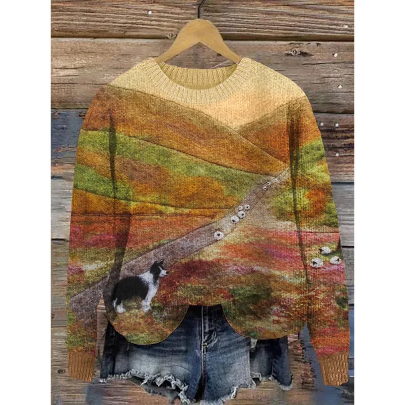 Digital printed little flower pattern round neck sweater in polyester fabric
