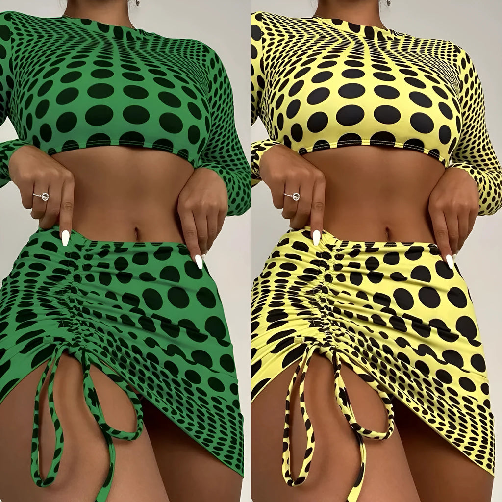 Women's green and yellow polka dot three-piece swimsuit set with top, skirt, and bra.