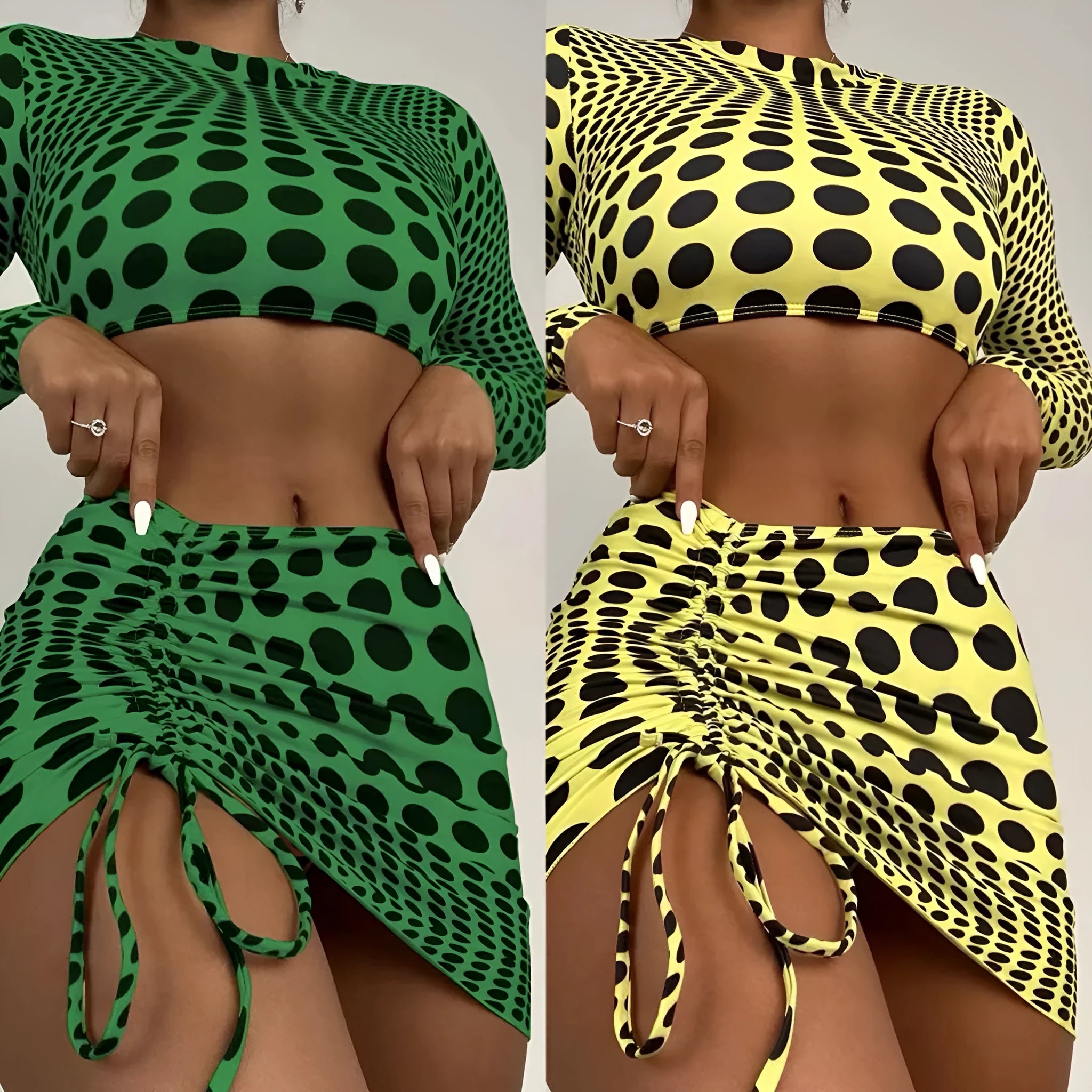 Women's green and yellow polka dot three-piece swimsuit set with top, skirt, and bra.
