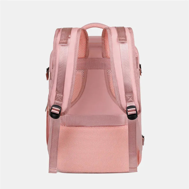 Large purple travel backpack for women showing multiple compartments and an air pillow belt system.
