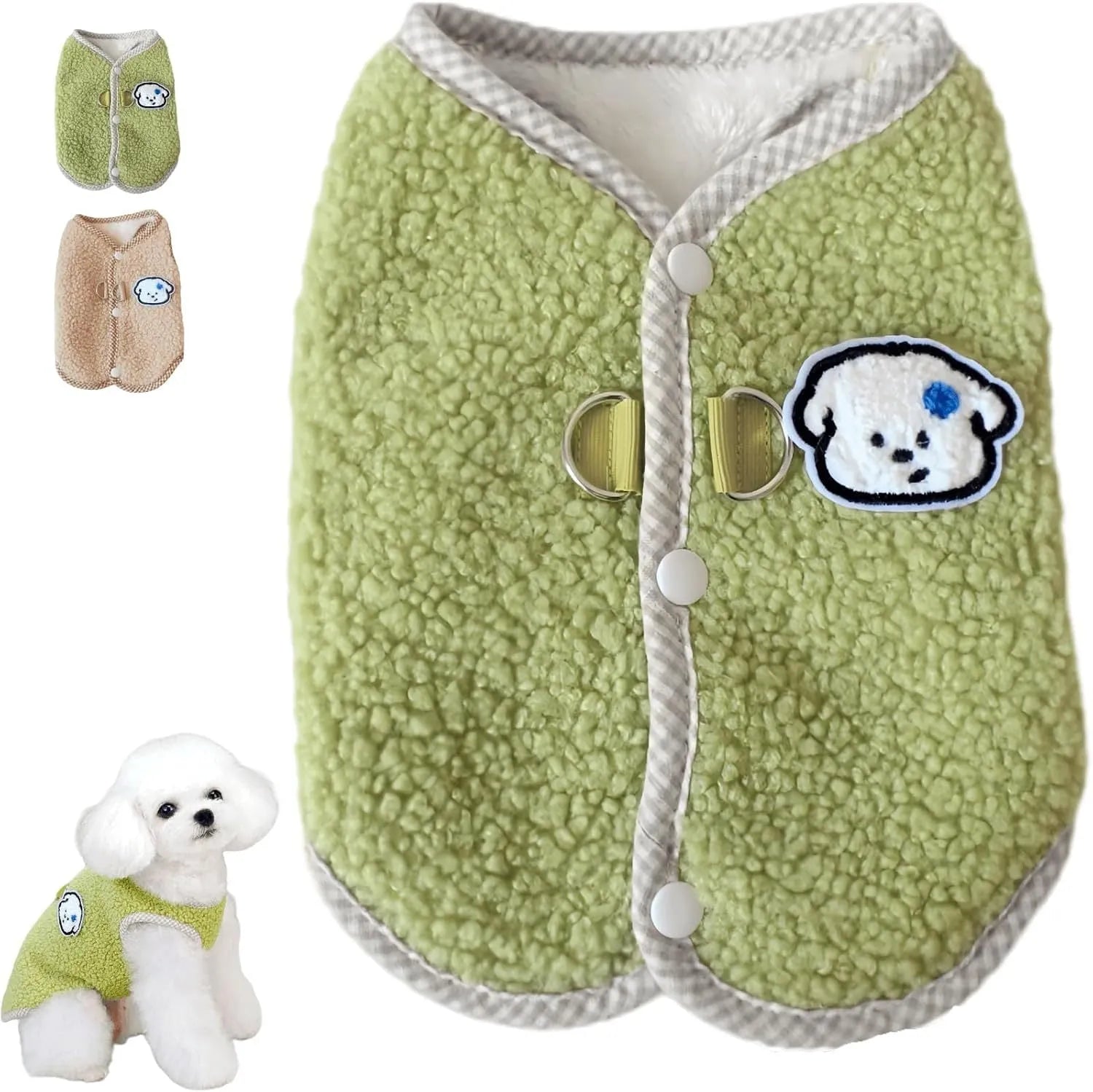 Green coral fleece dog sweatshirt vest with leash ring for small dogs in size medium