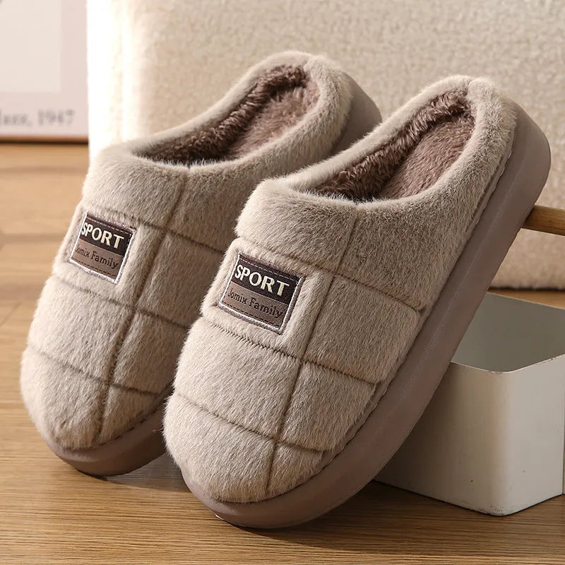 Men's grey and brown plaid winter slippers with a thick sole and artificial wool lining.