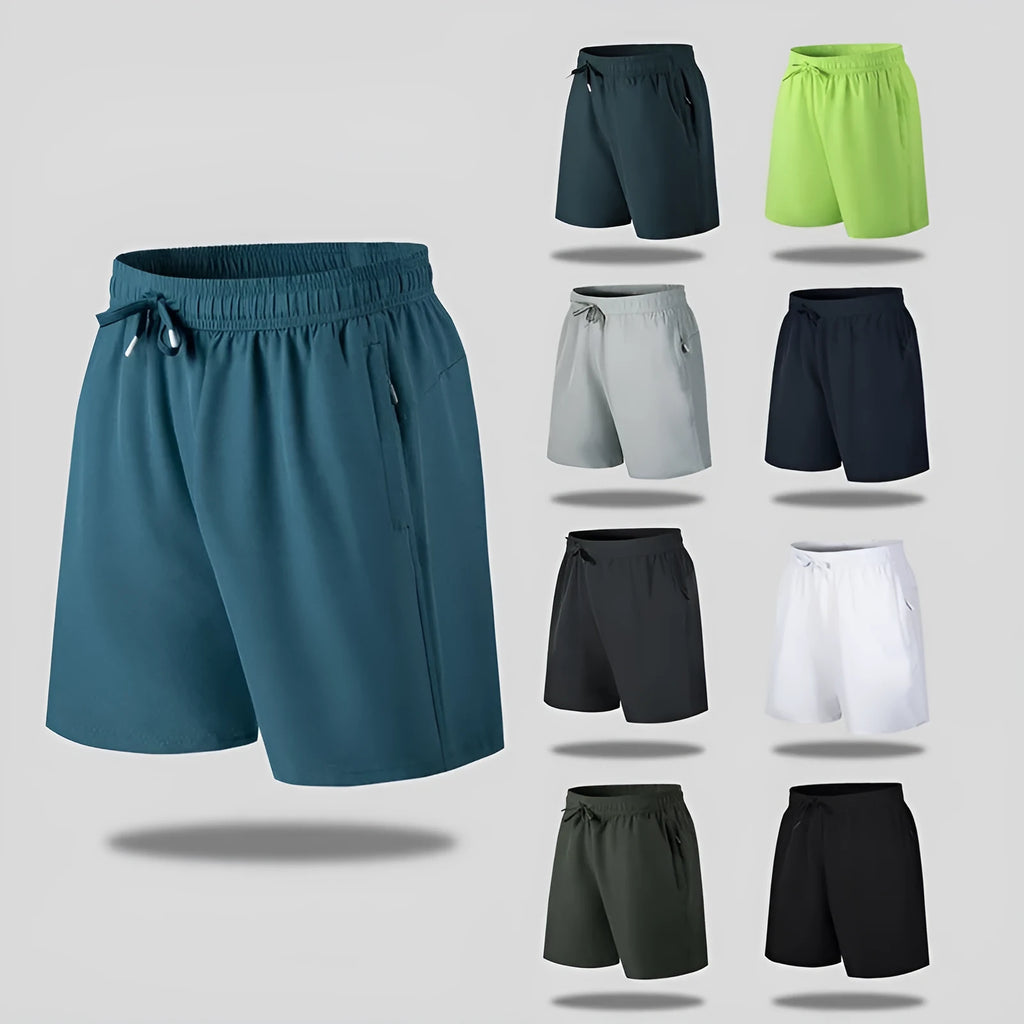 Men's loose fit quick-dry sports shorts in polyester ice silk fabric on mannequin