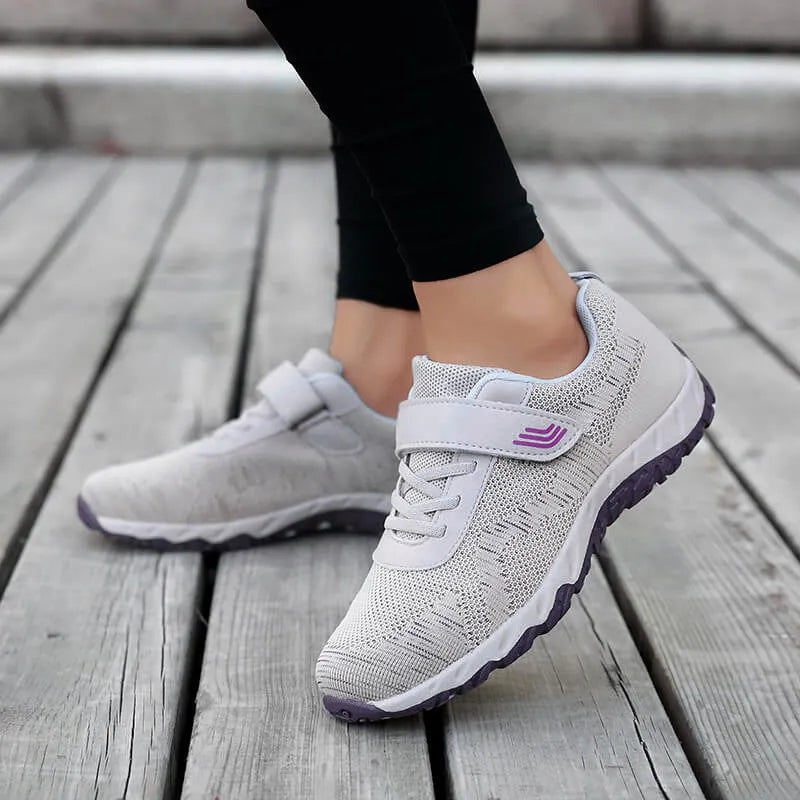 Women's grey purple wedge shoes with mesh upper and velcro strap fastener