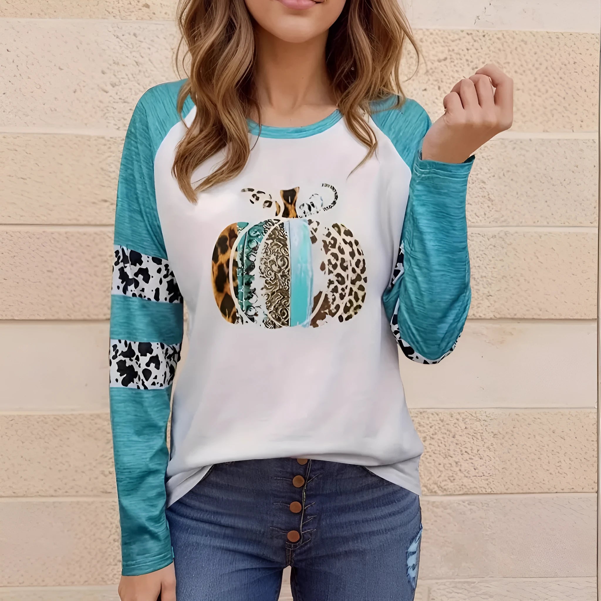 Sky blue long sleeve T-shirt with 3D digital printed pumpkin pattern in regular fit style