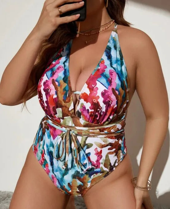 Solid colour one-piece halter swimsuit bikini in polyester spandex fabric