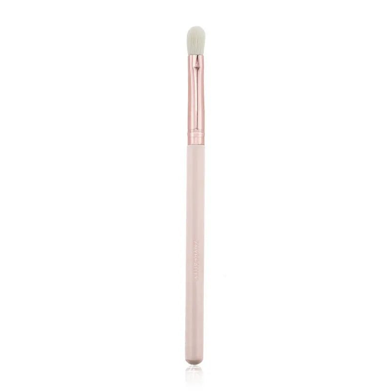 26-piece pink makeup brush set with wooden handles and a grey PU storage case, arranged open.