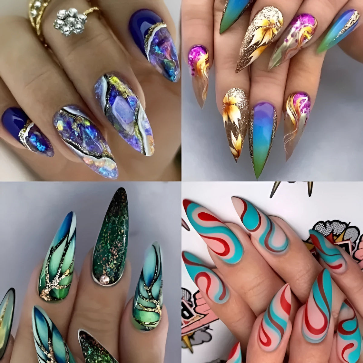 Almond-shaped nail stickers with colourful lines and rainbow patterns in plaid design