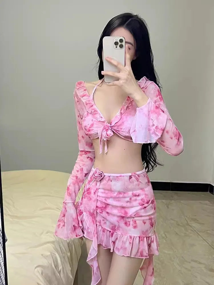 Women's floral cherry blossom pink swimsuit bikini with polyester fabric