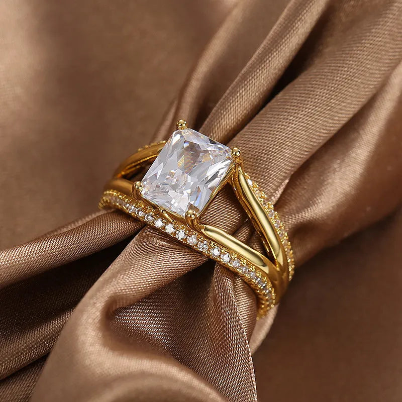 Gold square zircon copper ring geometric women's jewellery