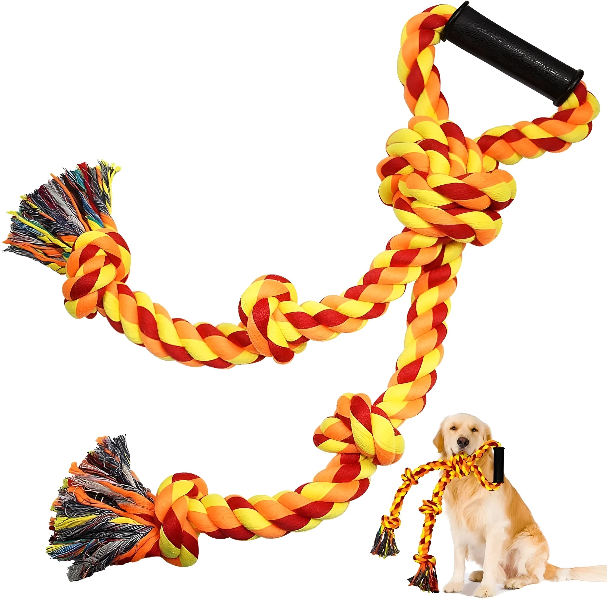 Blue and yellow cotton rope tug toy for large dogs with an ergonomic handle