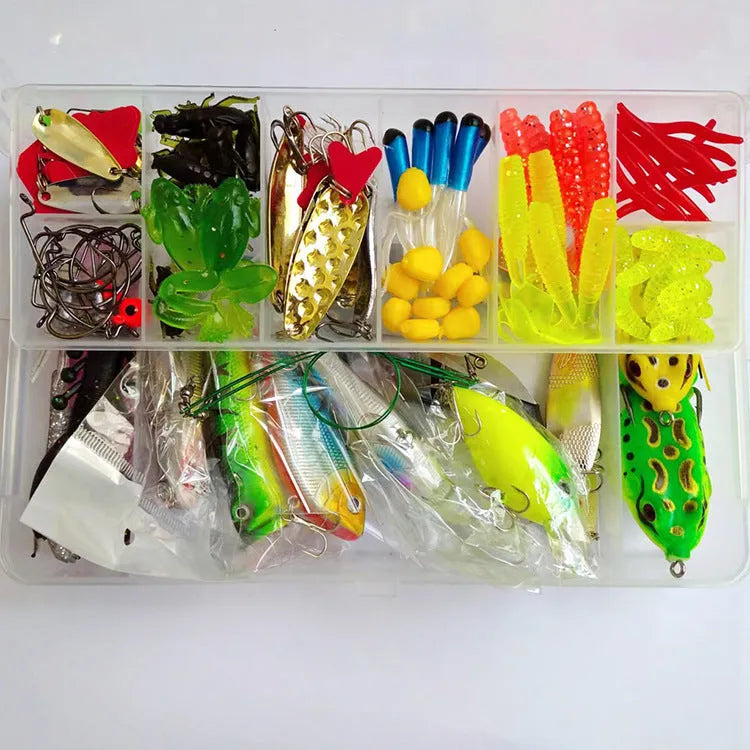 Fishing lure tackle kit with 142 pieces including metal and plastic lures, hard minnows and fishing pliers