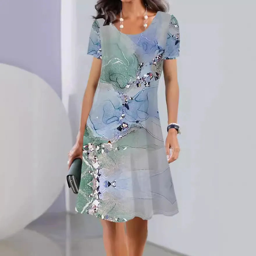 Women's light blue floral print A-line midi dress with short sleeves on a hanger