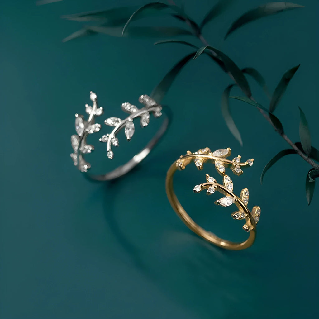 Women's adjustable copper leaf branch ring with electroplated gold or silver geometric design