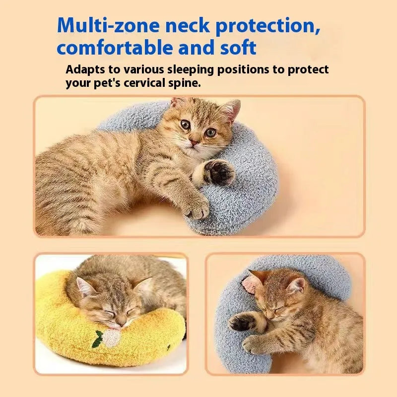 Blue cloth cat sleeping mat in a question mark shape with a U-shaped neck support pillow edge.
