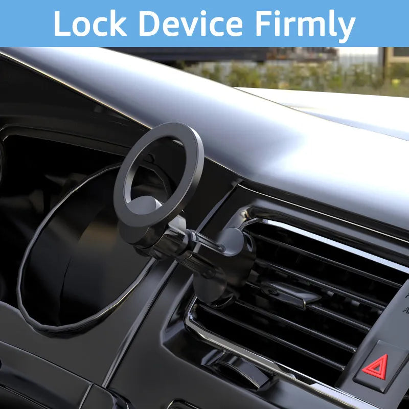 Black magnetic car phone holder mounted on vehicle air vent with O-ring design