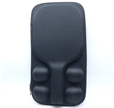 Black EVA pickleball case with dual shoulder straps, shown closed, for one paddle and four balls.