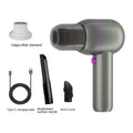 Grey handheld portable car vacuum cleaner with brush and extended nozzles showing 19cm dimensions
