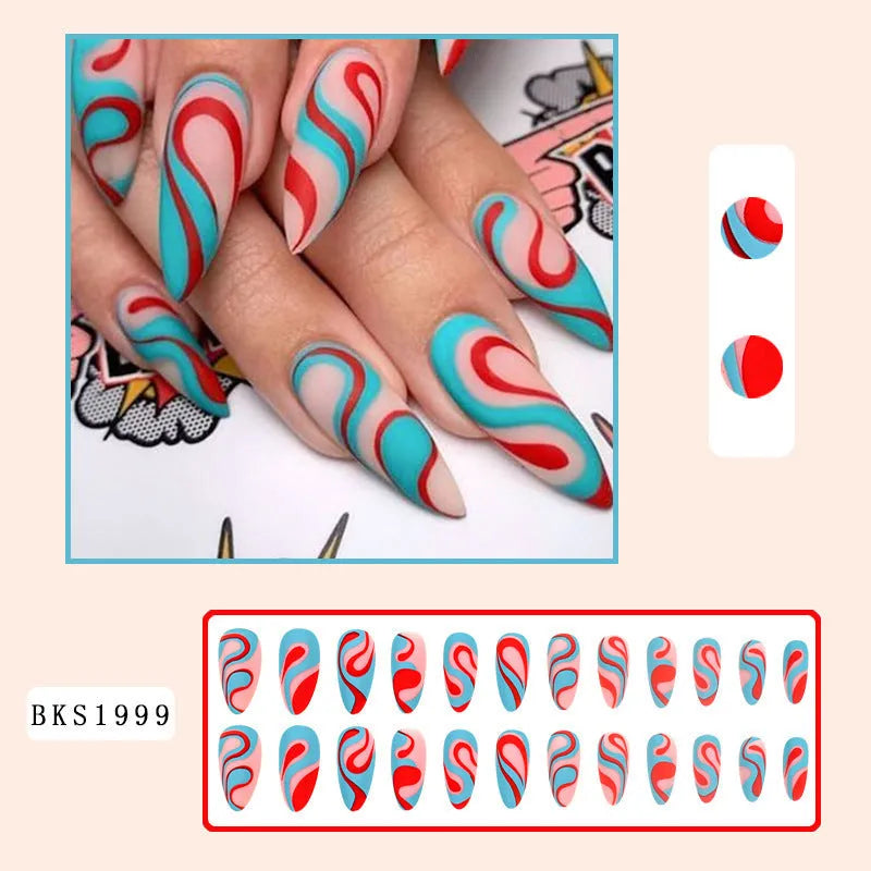 Almond-shaped nail stickers with colourful lines and rainbow patterns in plaid design