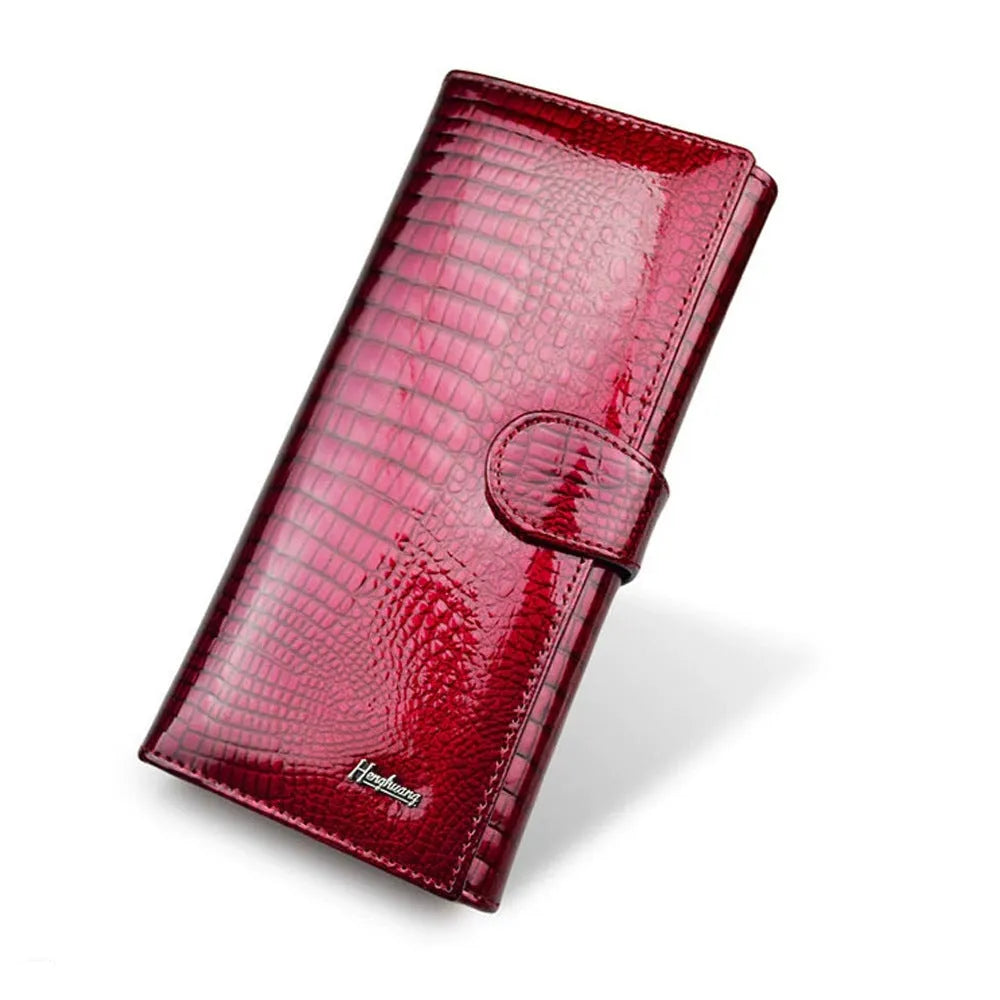 Genuine leather women's coin purse with patent crocodile pattern in wine red, black, and red colour options