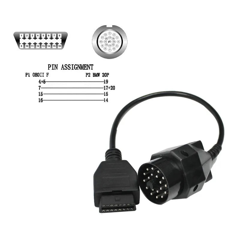 BMW OBD2 diagnostic adapter cable showing 20-pin plug and standard 16-pin female socket