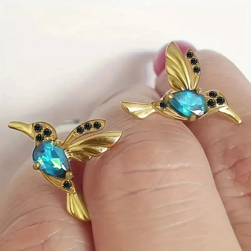Long style bird hanging earrings with mixed zirconium wings in alloy electroplated construction