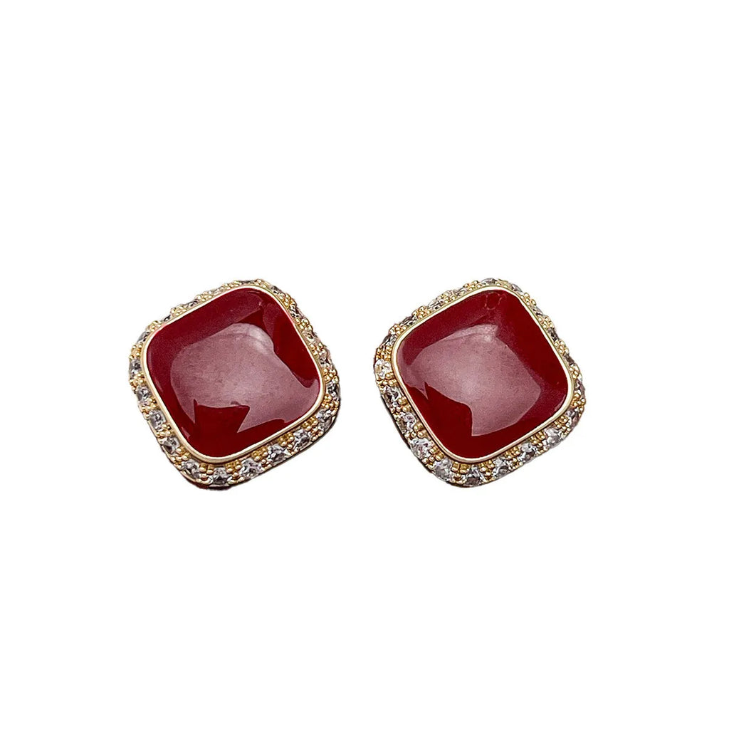 Red square geometric alloy earrings with retro design and stud backing