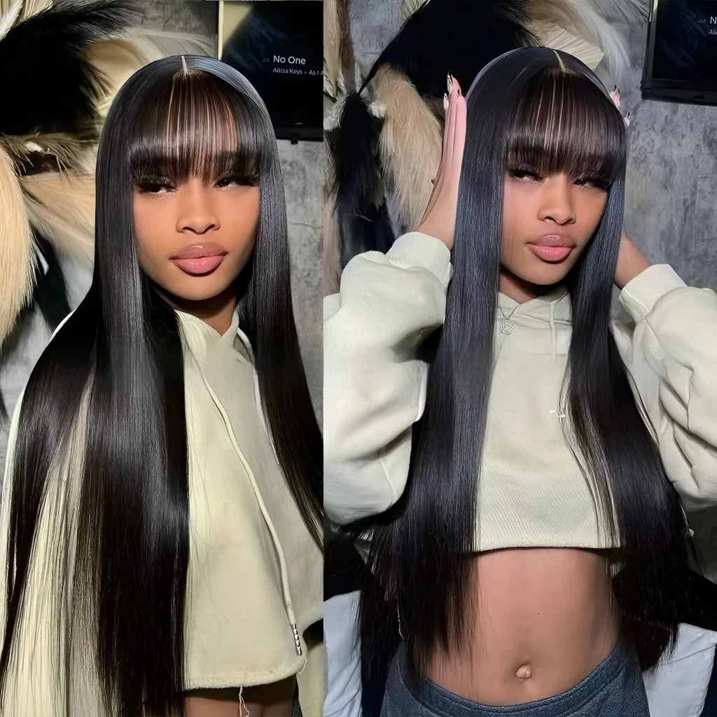 A woman wearing a natural colour human hair full lace wig with long, straight hair.