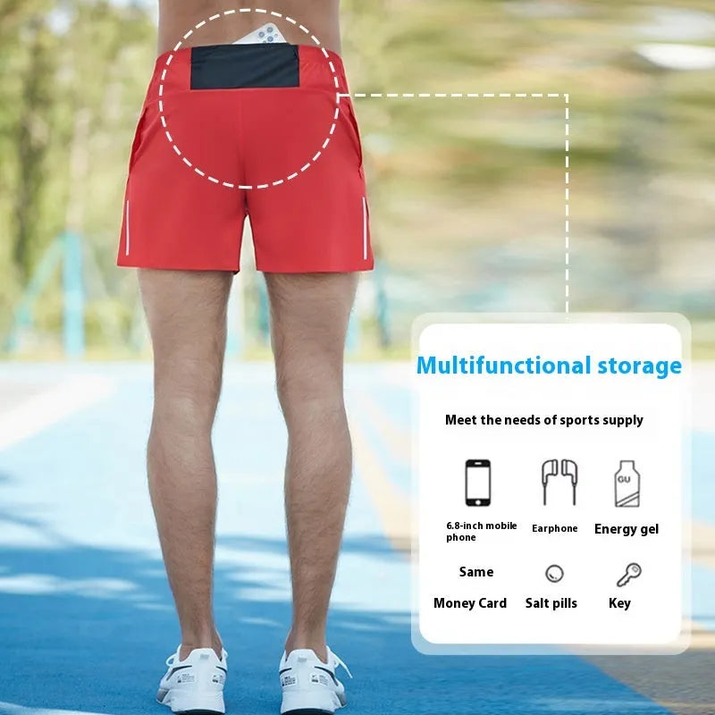 Men's red off-road running shorts with quick-dry fabric for marathon and cross-country running