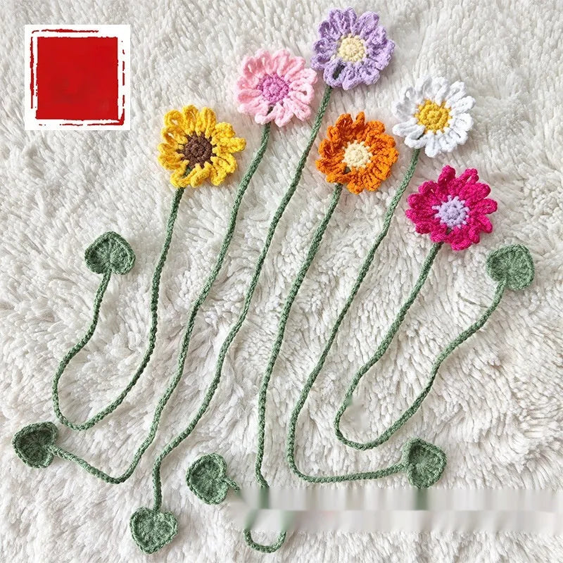 Hand-crocheted wool bookmark with daisy ornament in flexible milk cotton wire