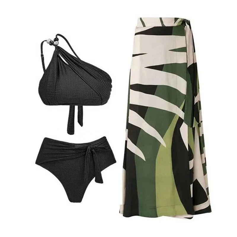 Brown high waisted push up bikini with a sheer split chiffon dress overlay on a mannequin.