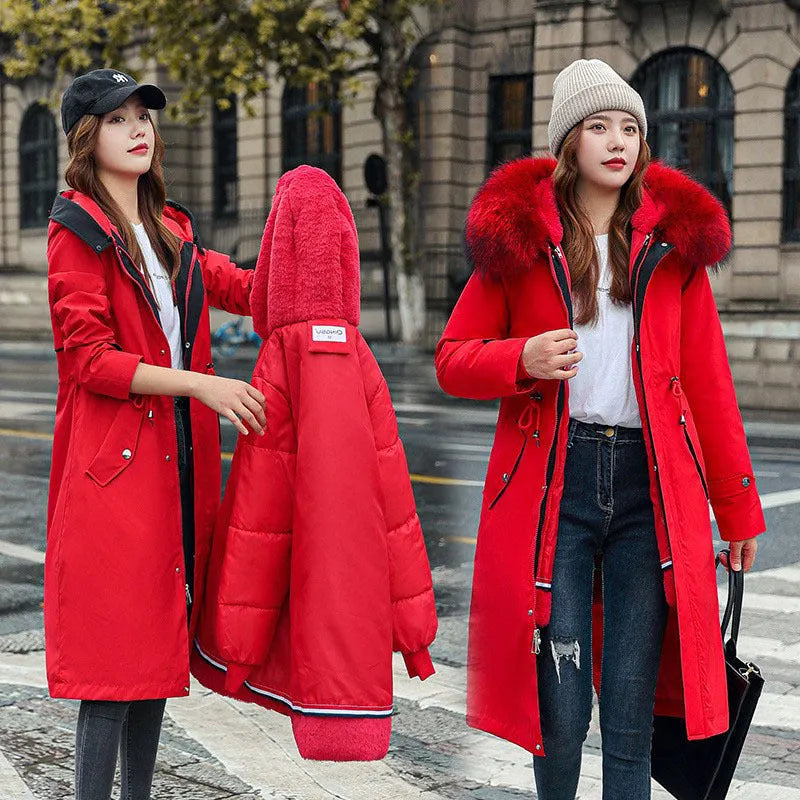 Women's long white trench coat with 100cm length, cotton-padded construction, and elegant style long sleeves