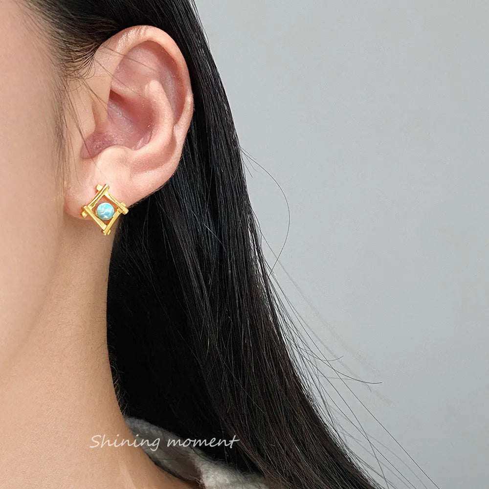 Women's geometric cross quadrangle stud earrings in S925 sterling silver with gold or silver finish options