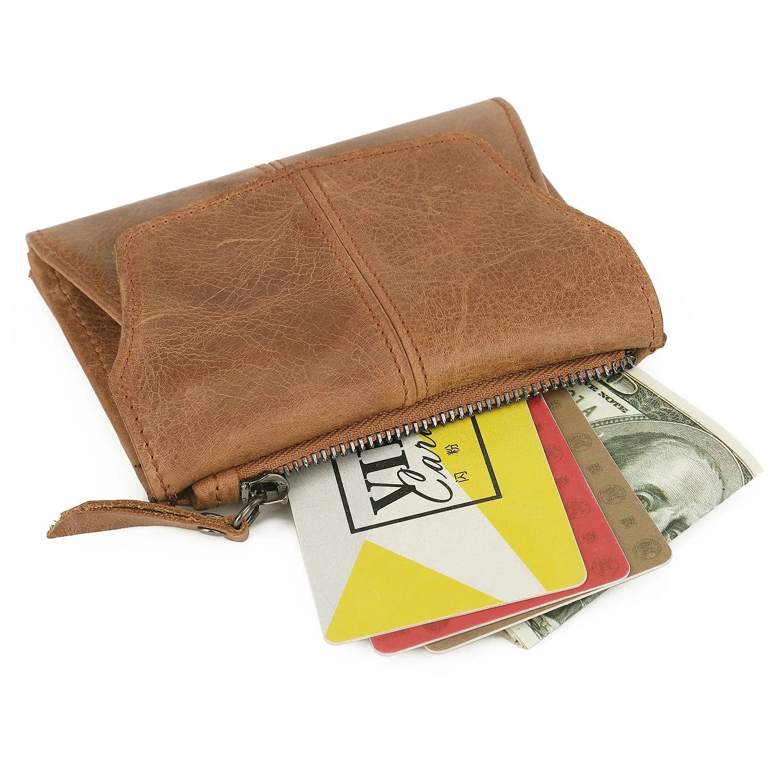 Genuine cowhide leather coin purse in retro style with stitching details and lock closure