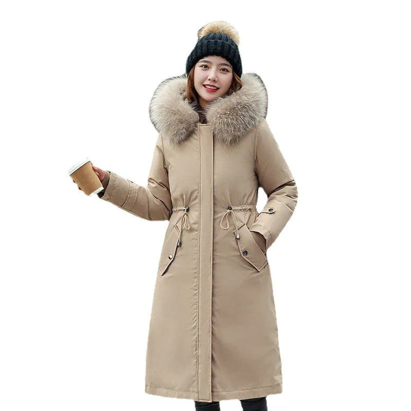 Women's long white trench coat with 100cm length, cotton-padded construction, and elegant style long sleeves
