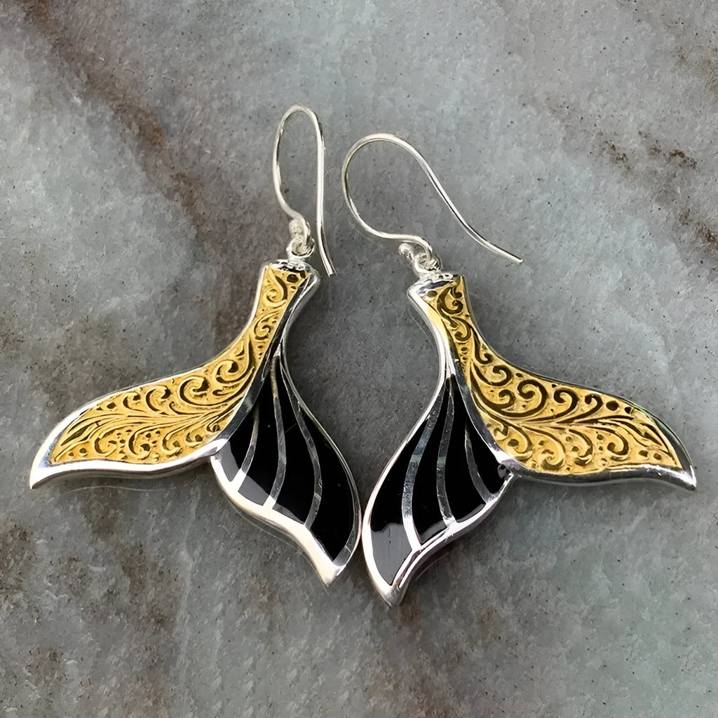 Women's white gold colour fishtail earrings with retro whale design elements