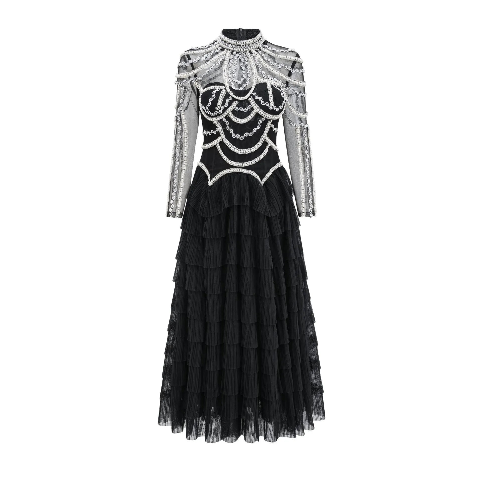 Women's black long sleeve beaded formal dress with mid waist and full-length skirt.