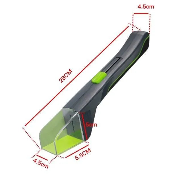 Green plastic handheld insect catcher for garden and lawn pest control.