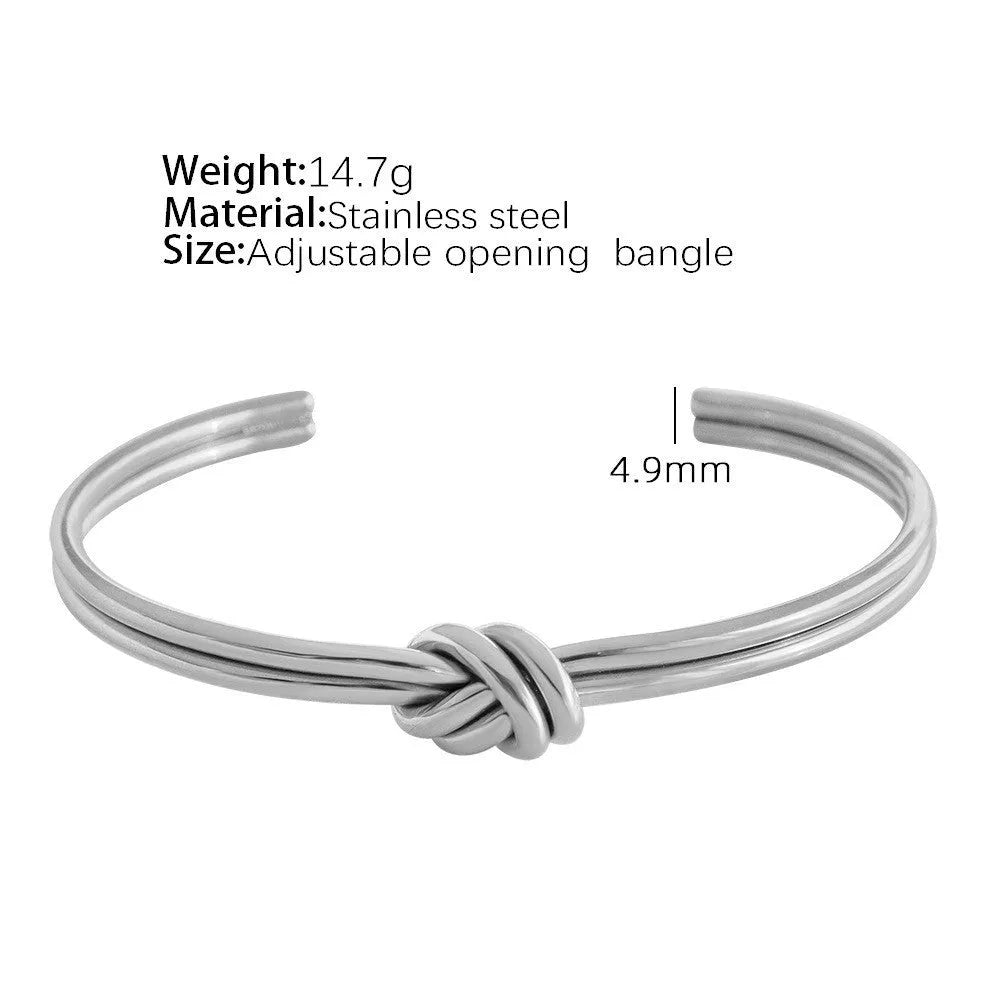 Adjustable double-layer knotted bracelet in gold or silver stainless steel with C-shaped open design