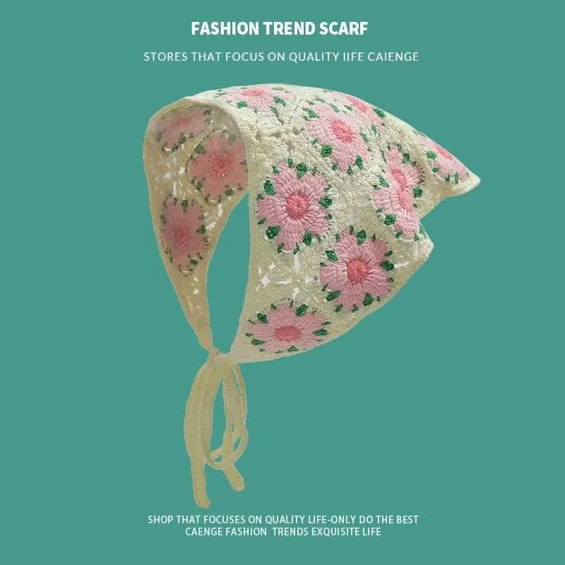 Cotton triangle headscarf with beige blue little daisy floral pattern styled on woman head
