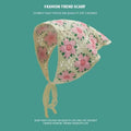 Cotton triangle headscarf with beige blue little daisy floral pattern styled on woman head