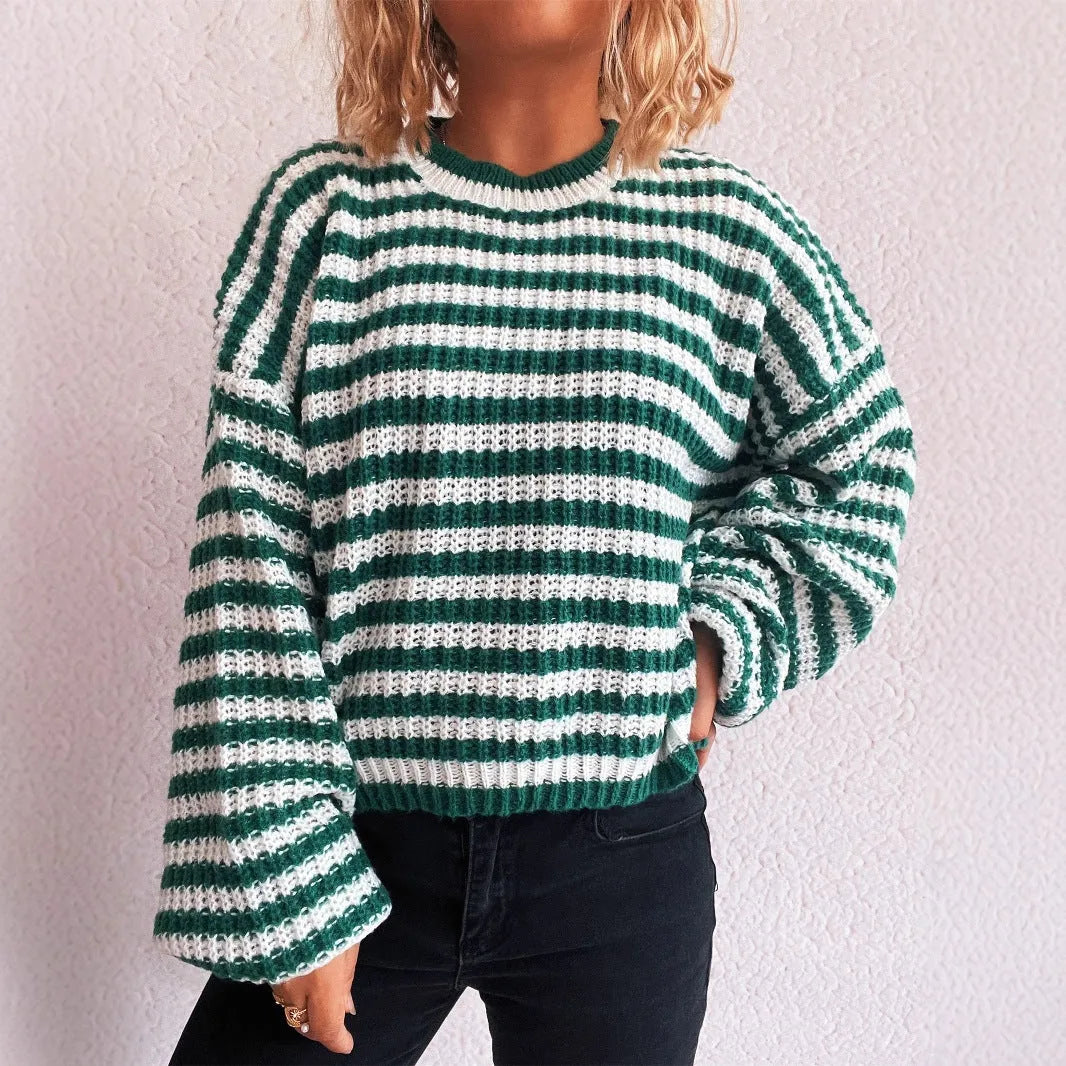 Women's loose fit stripe knitted pullover sweater with long sleeves in black colour