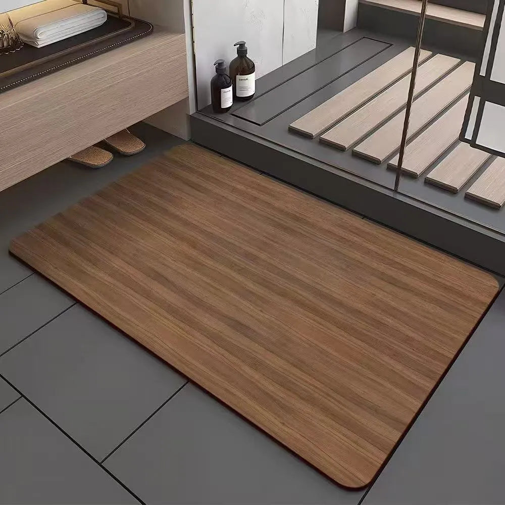 Square diatom ooze floor mat with geometric wood grain pattern in a shower room setting