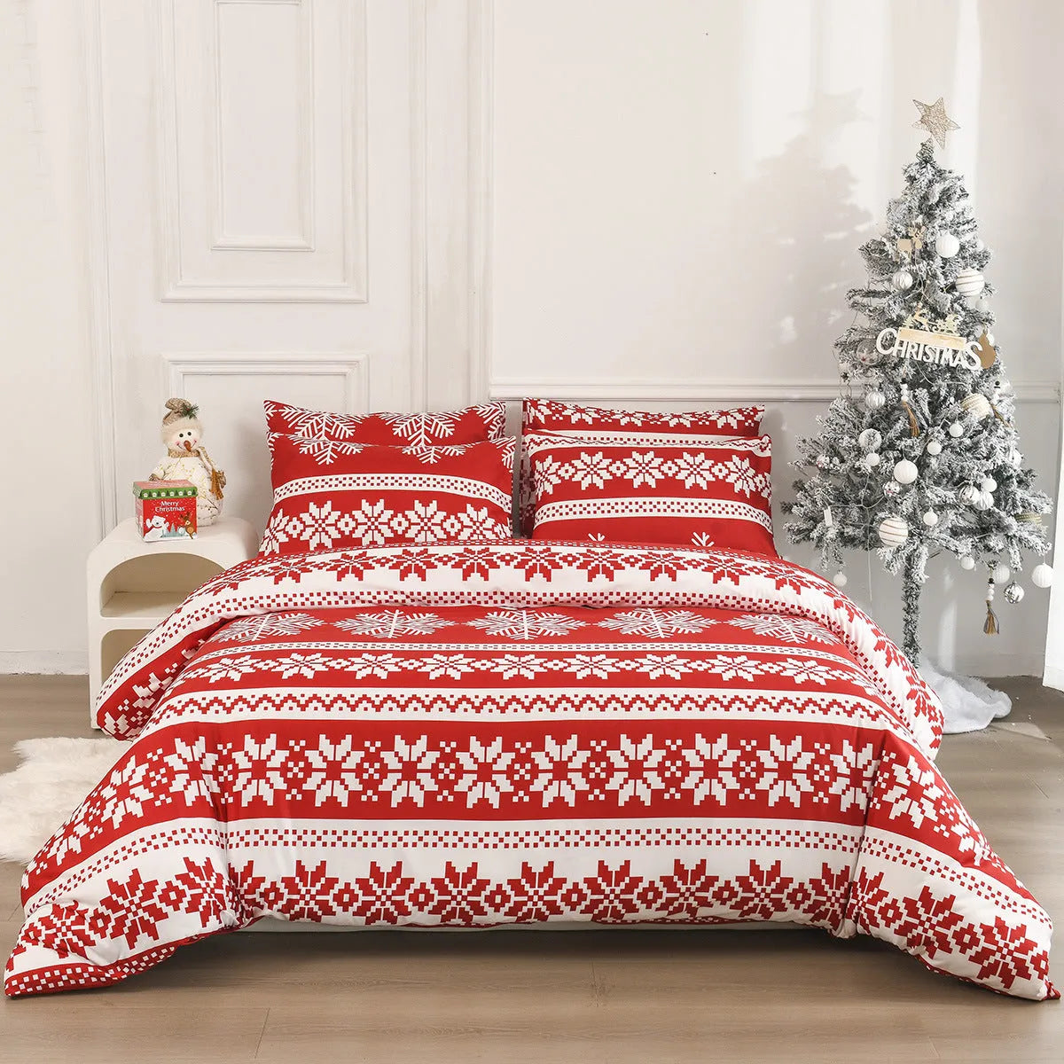 Red winter sleepers pattern bed three-piece set with Christmas Love Song design on chemical fibre fabric