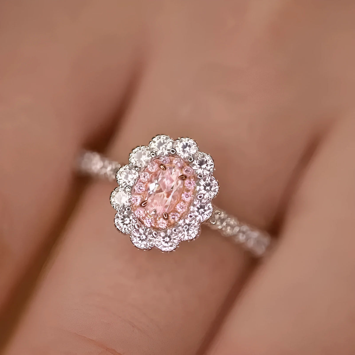 925 sterling silver oval diamond ring in yellow or pink with flower shape, unisex sizes 5 to 9
