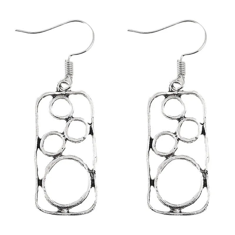 Geometric round ring earrings with irregular square shapes in antique silver finish