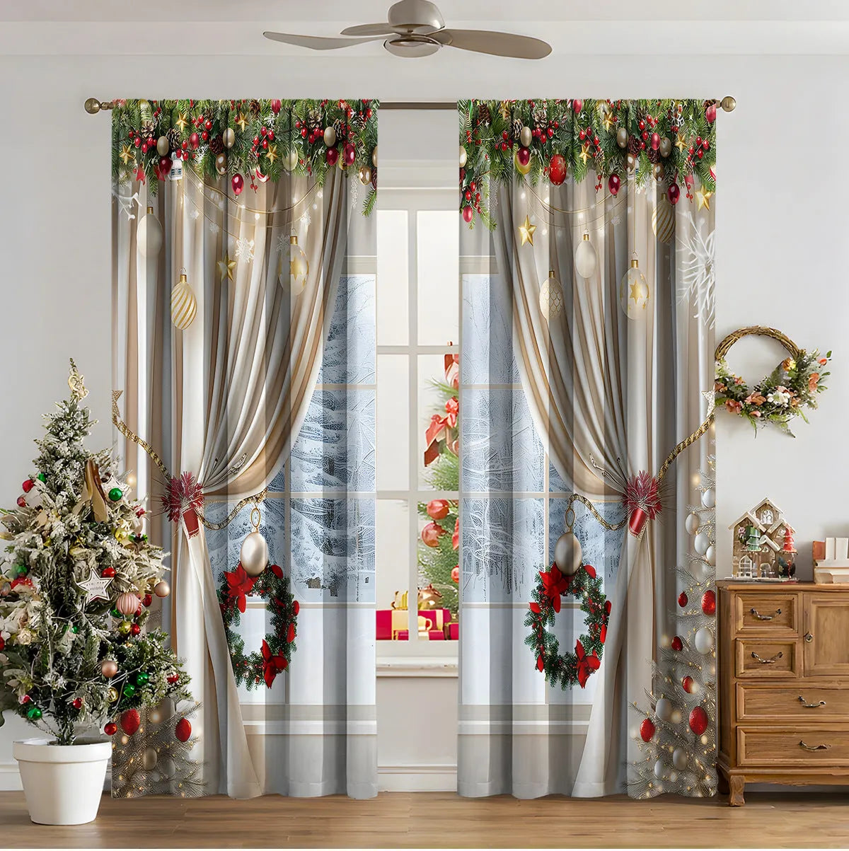 3D digital printed Christmas curtains in European colour designs with high sunshade function