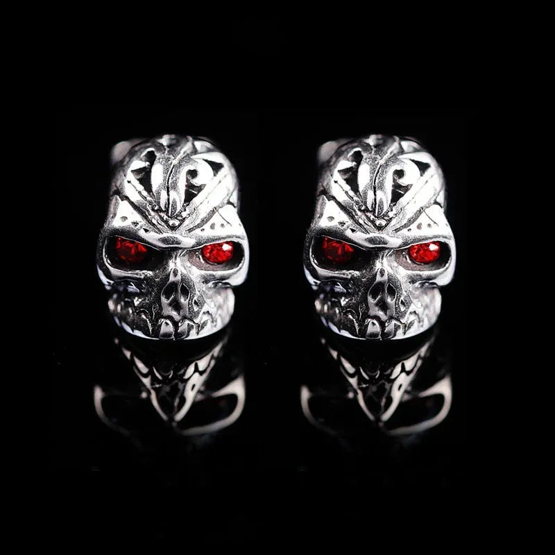 Retro skull stud earrings with red eye ghost head design and artificial gemstone inlay